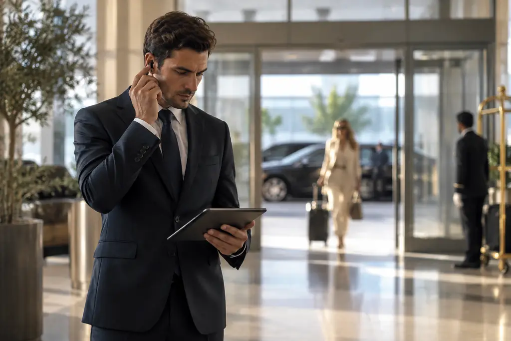 A host on an earpiece checking a tablet while waiting for a guest at arrivals