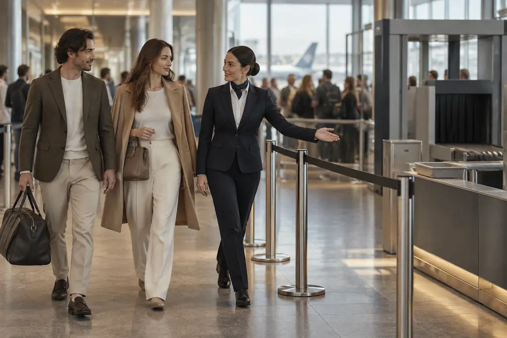 A host escorting two travellers through a quiet priority security lane