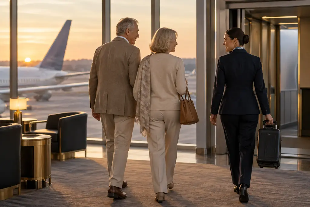 A host walking an older couple to their departure gate at sunset