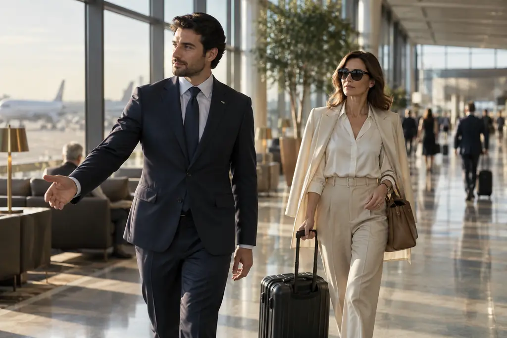 An Altura VIP host walking a traveller through a calm, light-filled terminal