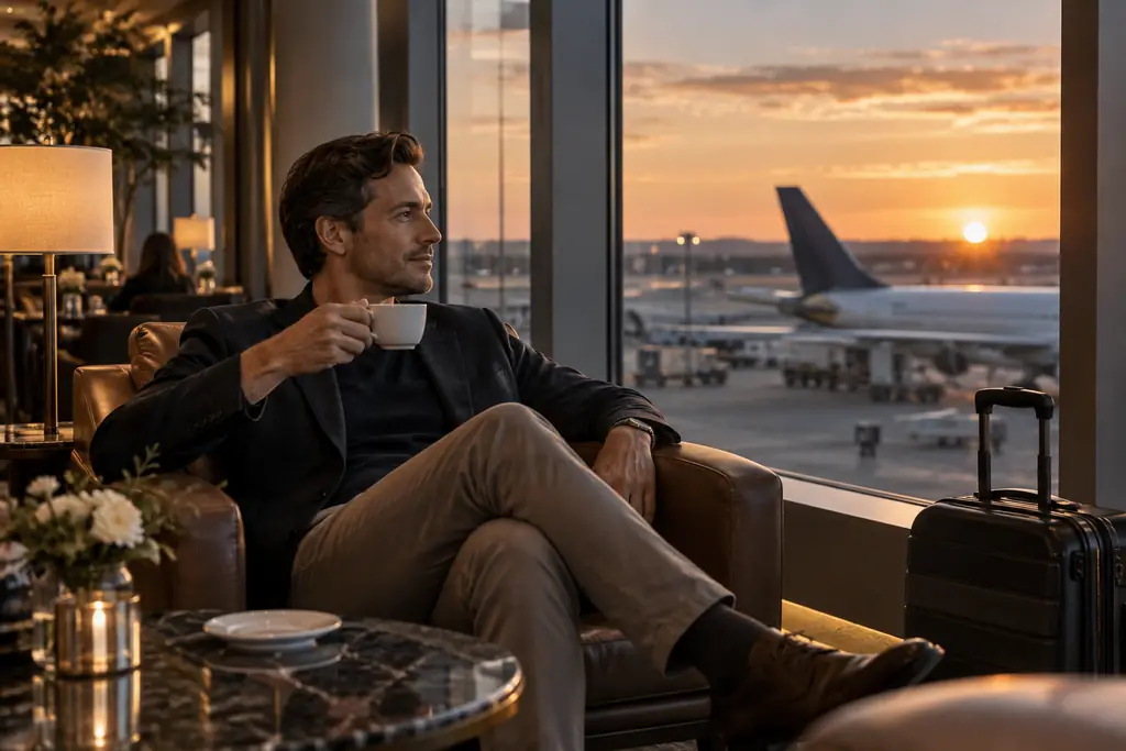 A traveller relaxing in an airport lounge at dusk, an aircraft beyond the window