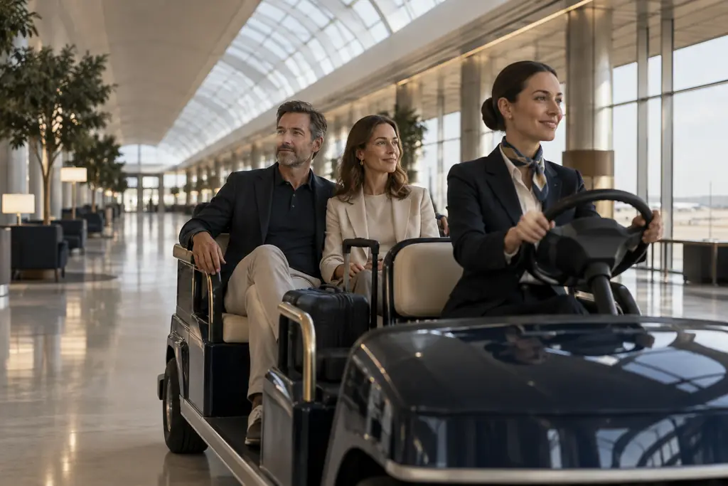 A host driving two travellers along a terminal concourse in an electric buggy